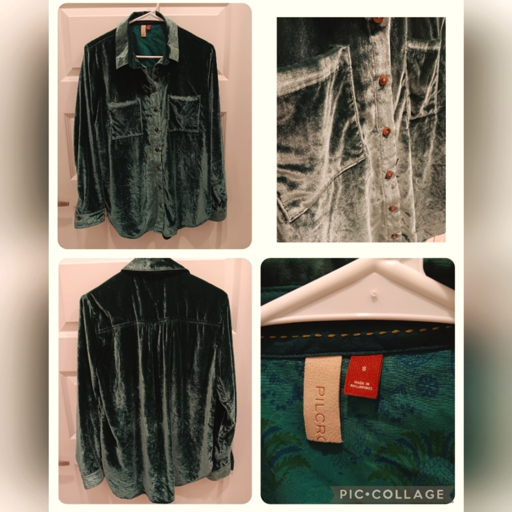 Anthropologie, dark green velvet button down shirt, size small